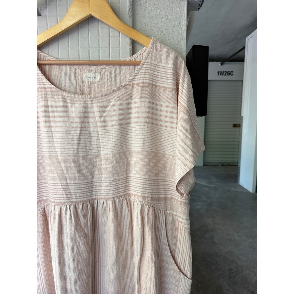Poetry Hemp Organic Cotton Striped Midi Dress 16 Pink Beige Pockets Relaxed - Picture 3 of 8